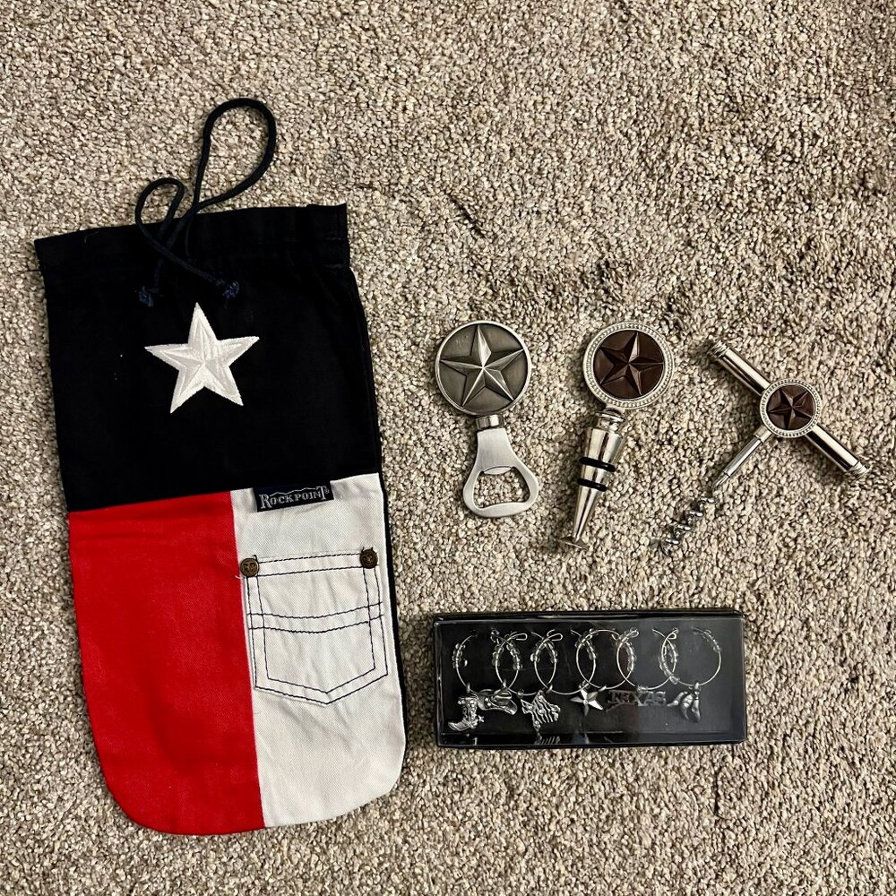 Texas Wine Set - Wine Bottle Bag, corkscrew, beer bottle opener, charms, stopper